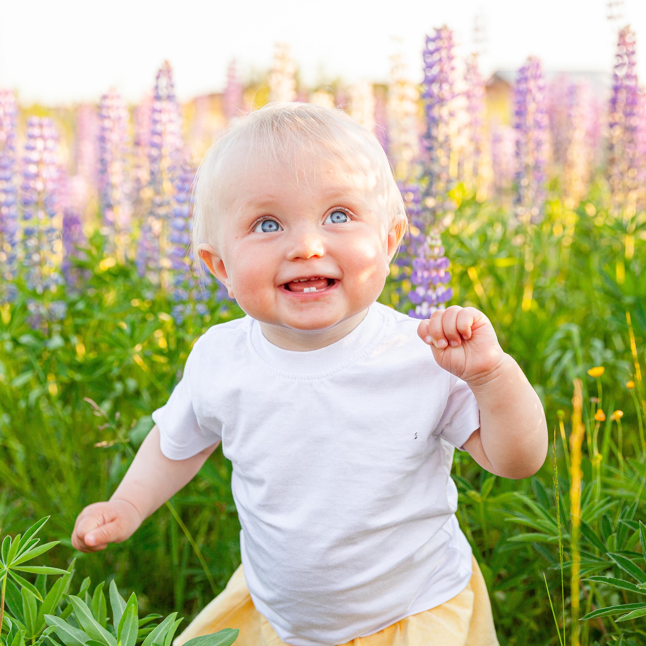 Happy little girl smiling outdoor. Beautiful blond young baby girl resting on summer field with blooming wild flowers green background. Free happy kid, childhood concept. Positive toddler child