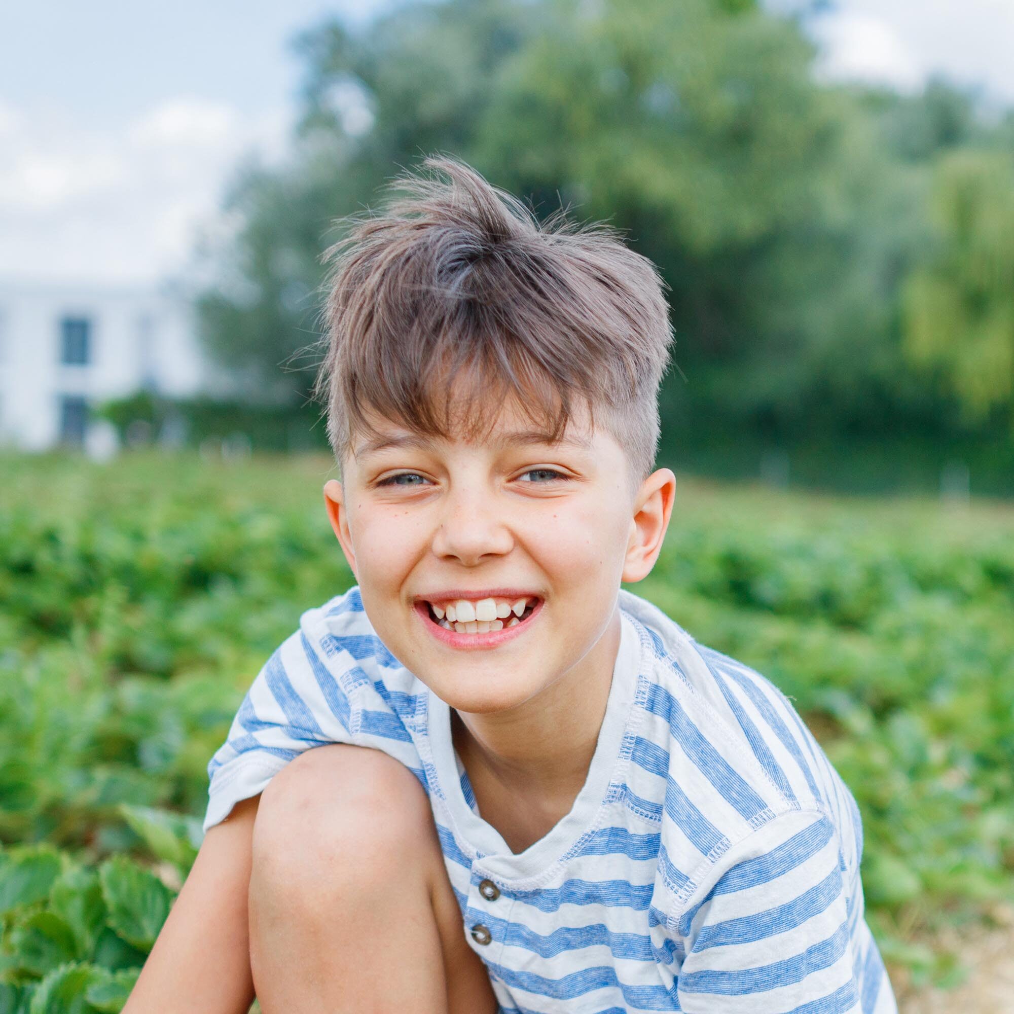 Cheerful boy picking and eating strawberry in a field